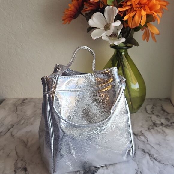 Mini Fashion Lace Bucket Bag Silver Vegan Leather Elegant Handbag Fashion Trend - Picture 3 of 16